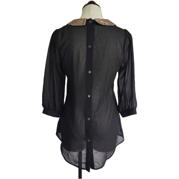 BKE Red Sheer Black Blouse Gold Sequin Collar Button Back Drop Tail Size  Small - Picture 2 of 12